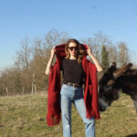 Une femme en tenue décontractée se tient dans un champ, tenant un Etole capuche en pur mohair de chevreau tricot rouge sur sa tête avec un âne à proximité en arrière-plan.